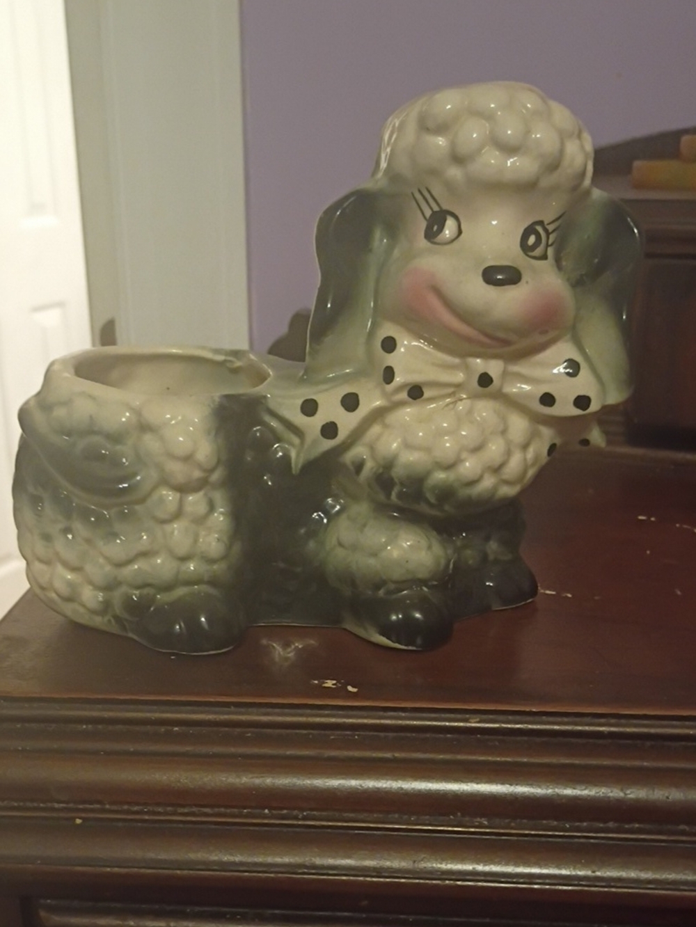 Vintage Ceramic Poodle Planter in Cream and Gray - Unbranded